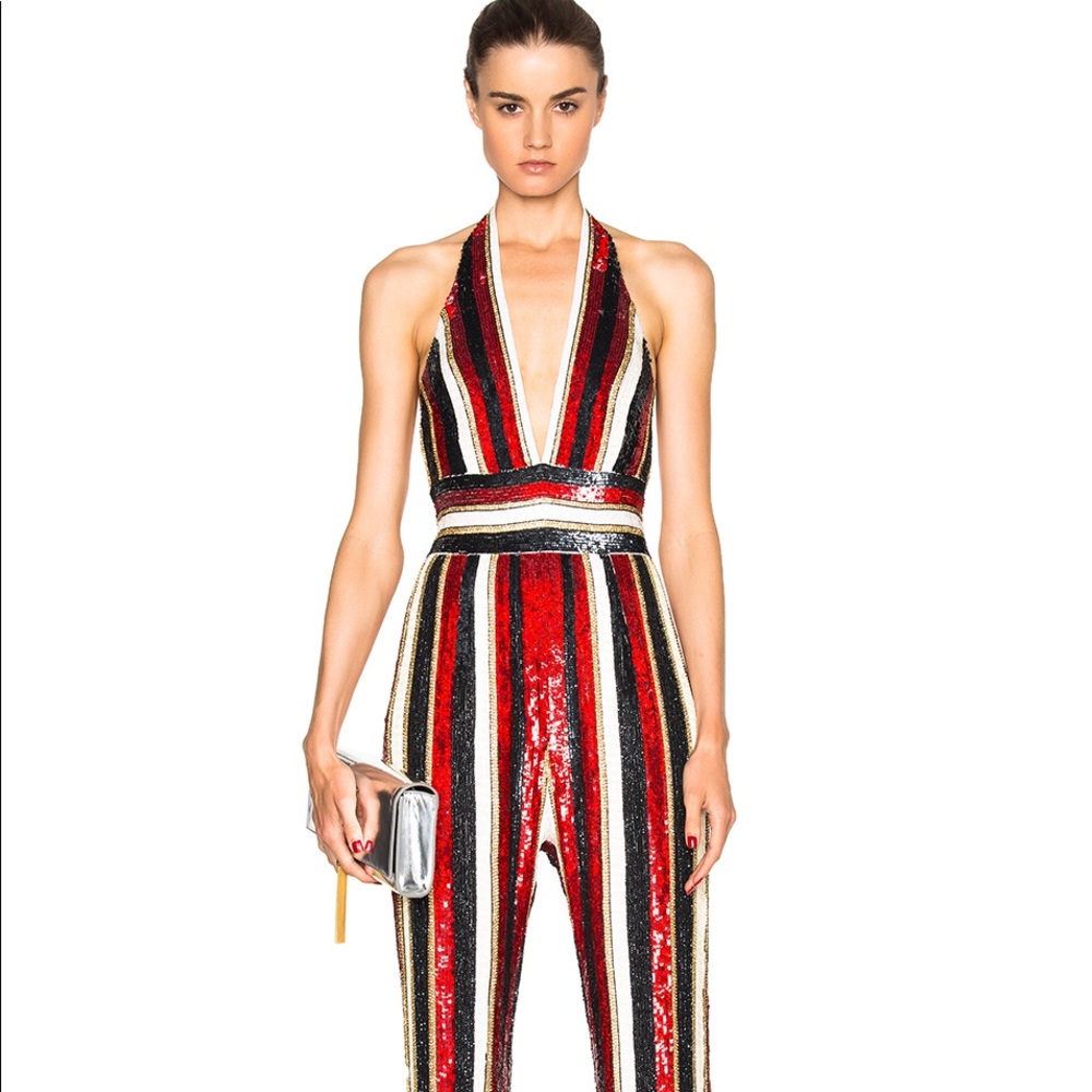 HANDMADE sequence JUMPSUIT . Sz S RED,SILVER,BLACK